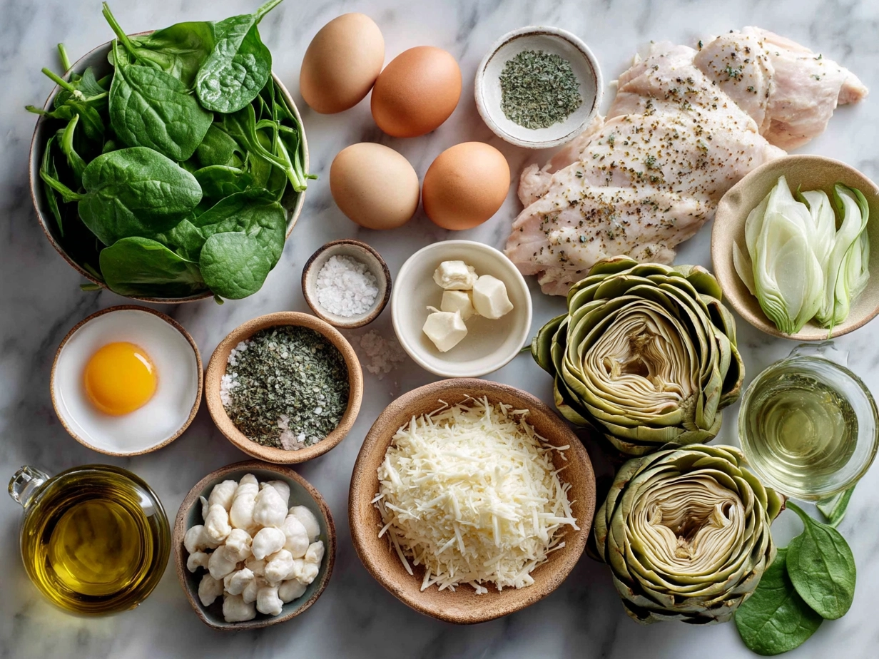 Top down view of ingredients for spinach artichoke chicken casserole on a table