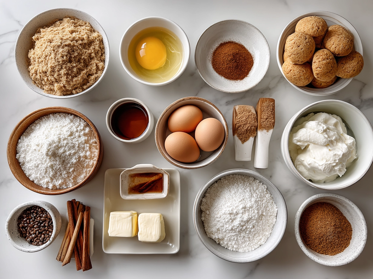 Top down raw ingredients arranged for cottage cheese cinnamon roll mug cake