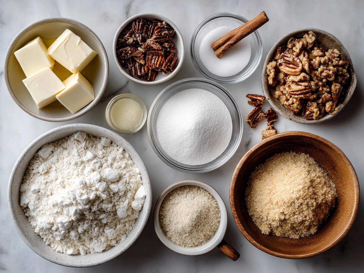 Top down view of raw ingredients for Apple Crisp Mini Cheesecakes on marble surface
