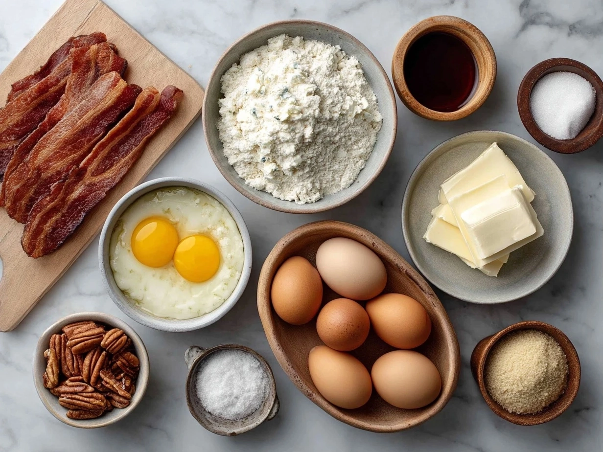 Top down view of raw ingredients for Bacon Cream Cheese Bagels including bagels, bacon, cream cheese, and chives