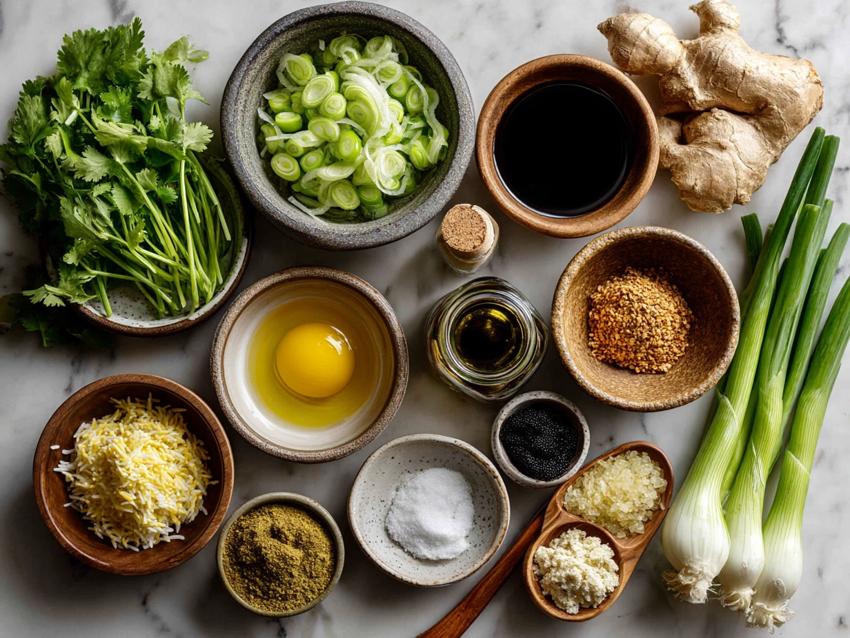 Top down raw ingredients for bang bang fried rice on marble, modern kitchen organized mise en place