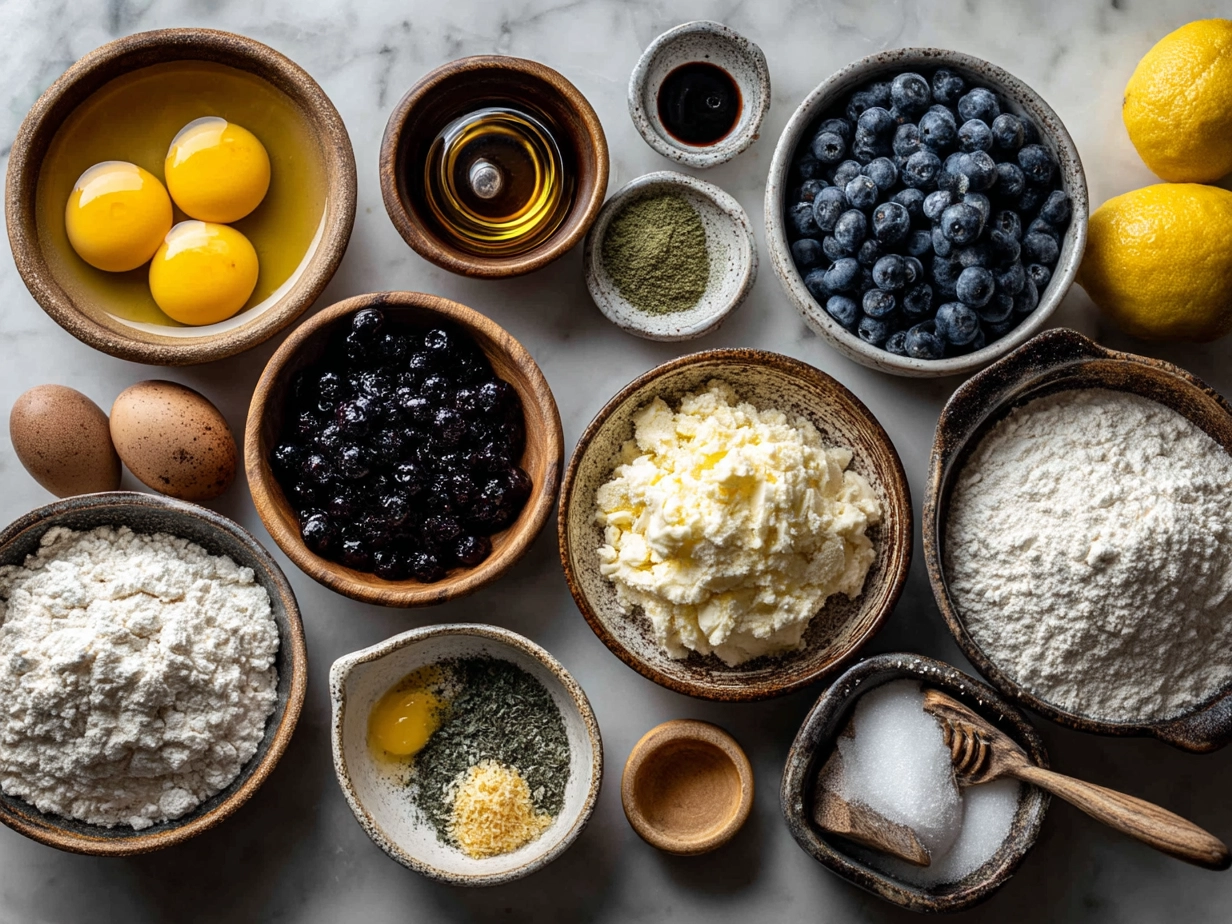 Top-down view of raw ingredients for Blueberry Lemon Sourdough Babka laid out on marble surface