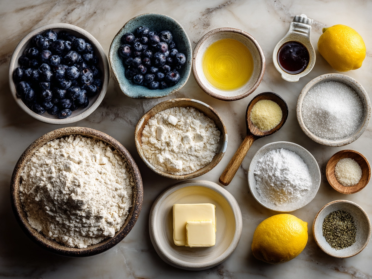 Top down view of raw ingredients for Blueberry Lemon Sourdough Sweet Rolls with flour, blueberries, lemon zest, and cream cheese