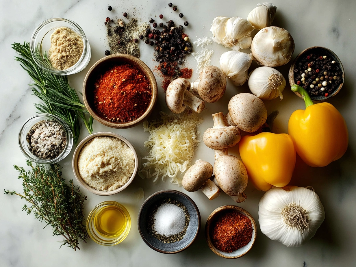 Top down view of raw ingredients for Cajun Cream Sauce on a marble surface