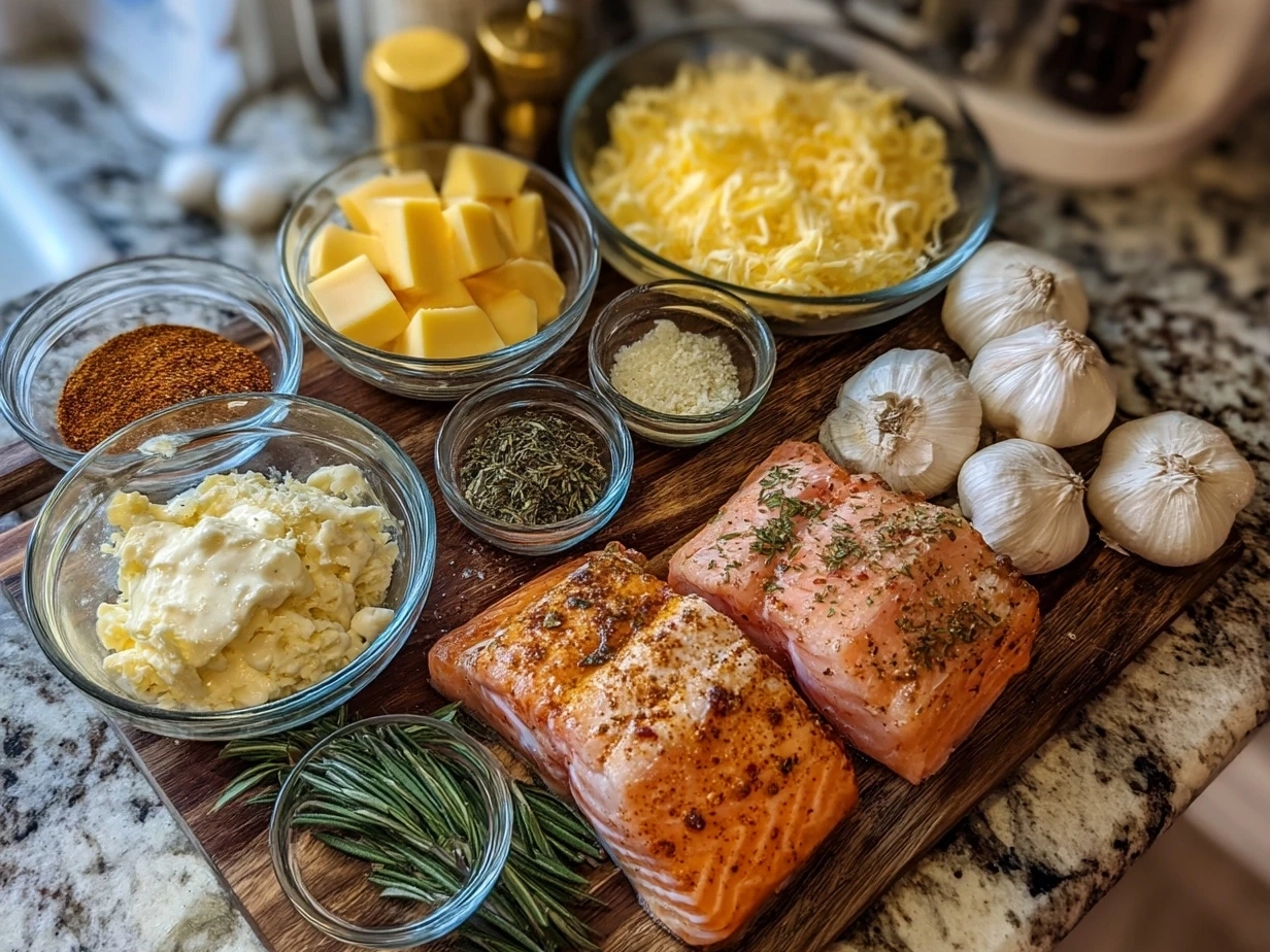 Top down view of raw ingredients for Cajun Shrimp and Salmon with Garlic Cream Sauce on marble surface