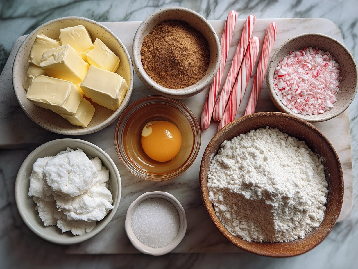 Top-down view of raw ingredients for Candy Cane Cookies on marble surface
