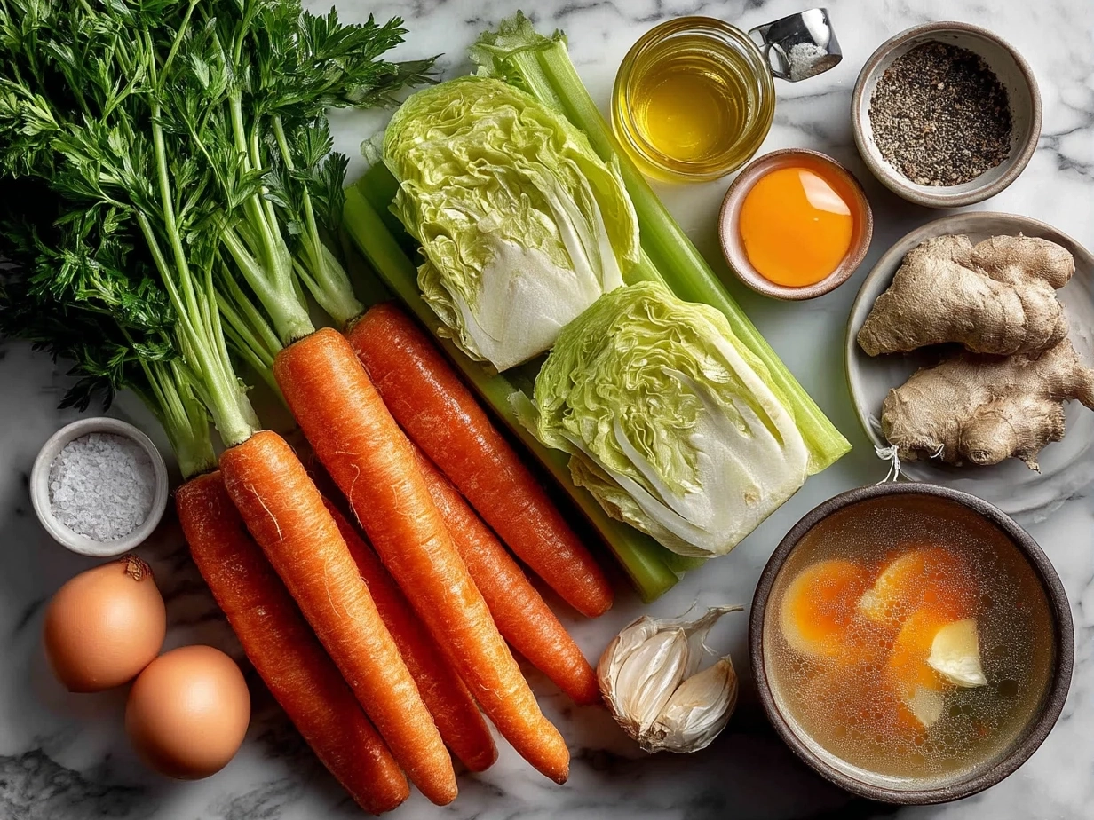 Top down view of raw ingredients for carrot and celery soup on marble surface