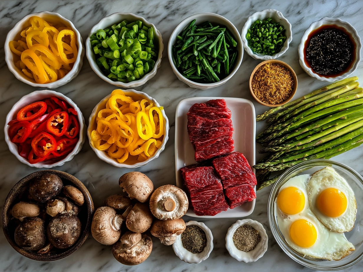 Ingredients for Cattle Drive Casserole - ground beef, cheese, onion, frozen mixed veggies, mashed potatoes on marble surface