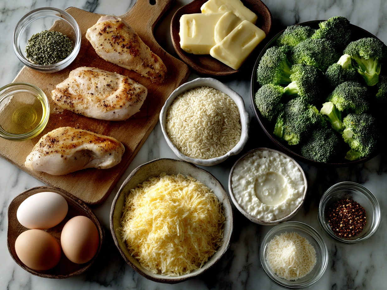 Raw ingredients for cheesy chicken broccoli orzo laid out on a table