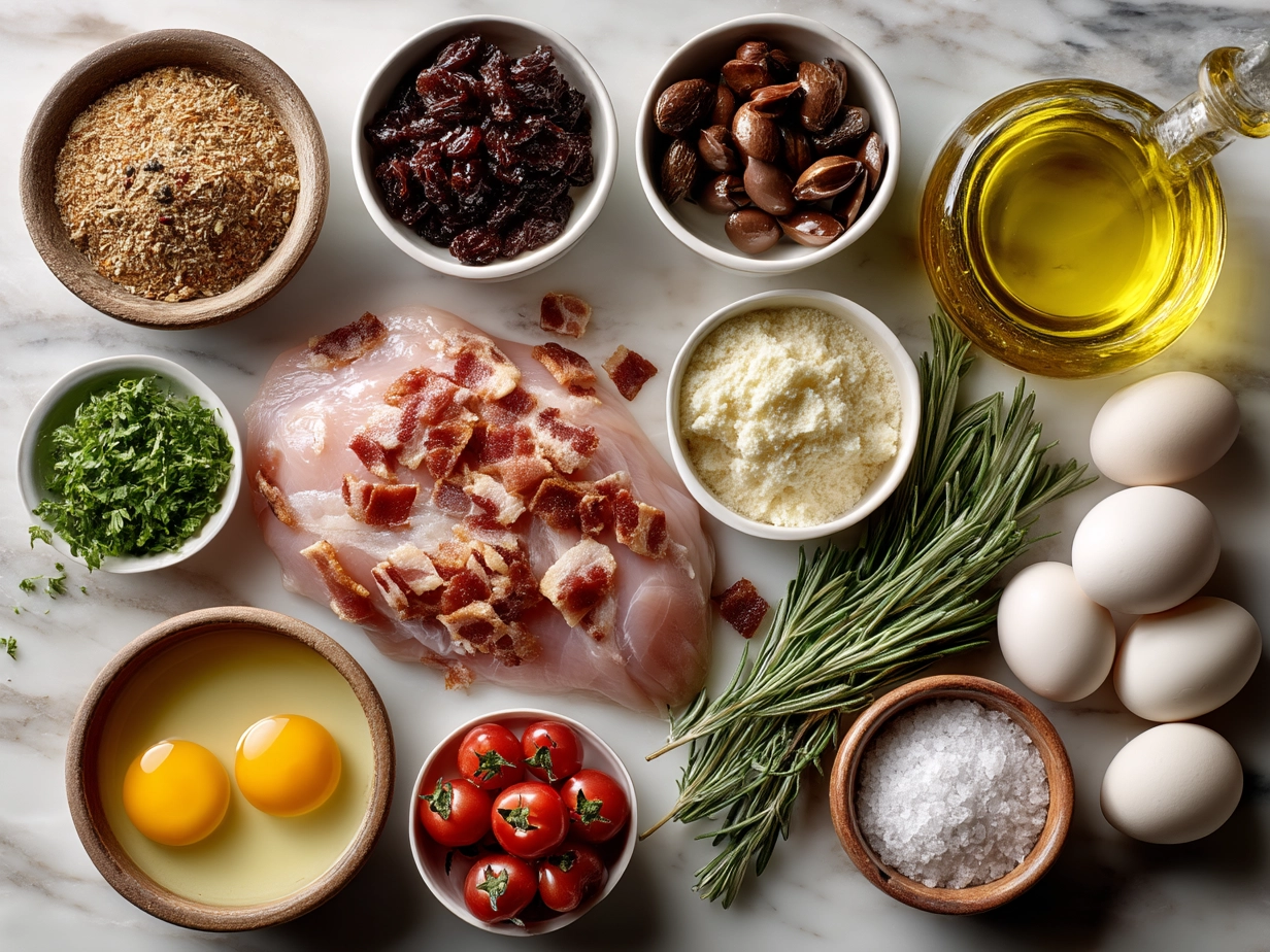 Top down raw ingredients for Chicken Bacon Wrap on marble counter with organized mise en place