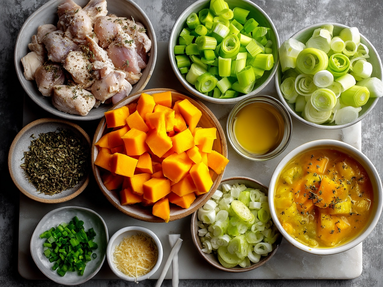 Top-down view of raw ingredients for chicken leek and butternut squash bake on marble surface, including chicken, leeks, squash, garlic, and cream