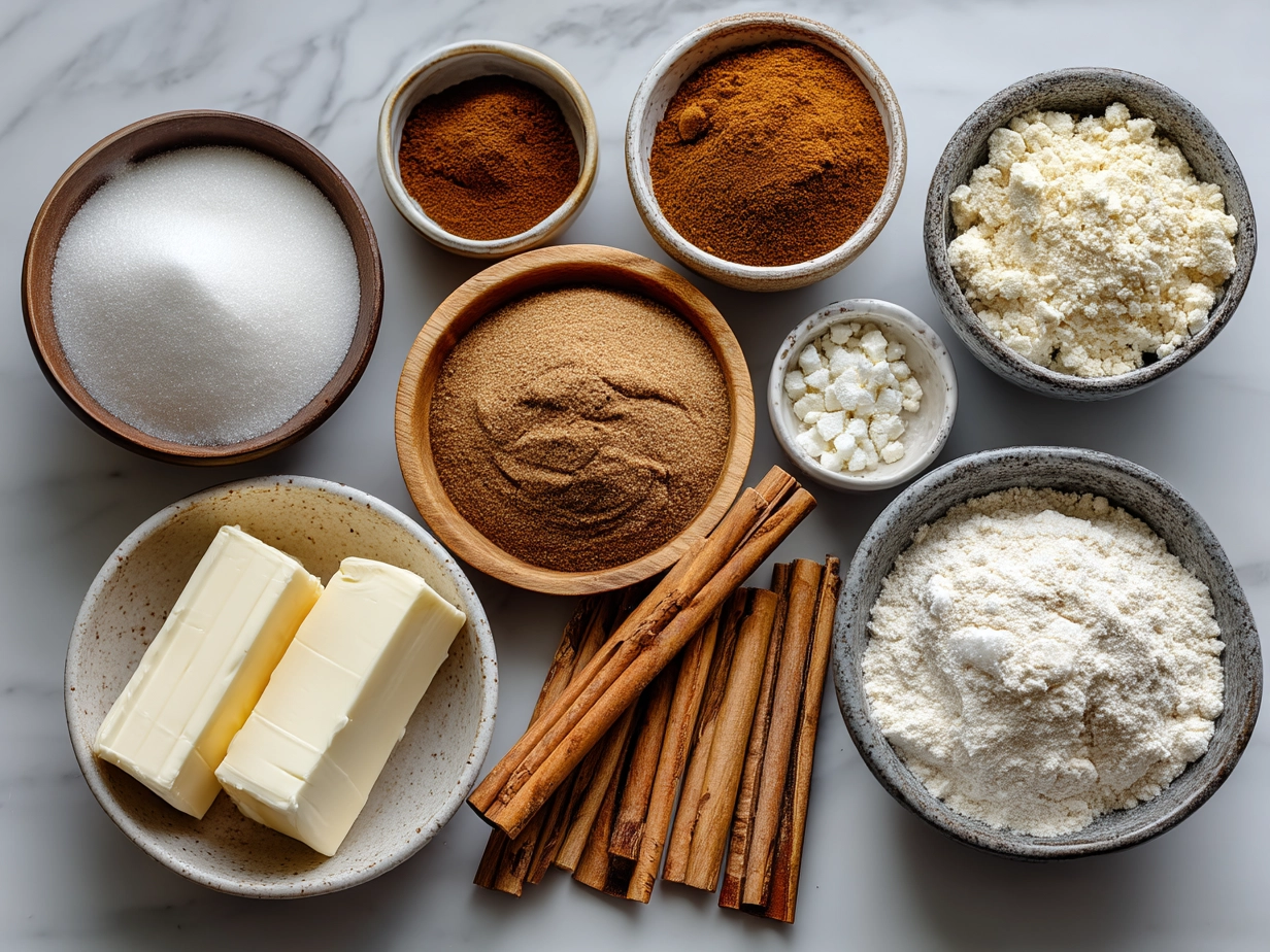 Ingredients for Cinnamon Roll Cheesecake Cookies on marble surface