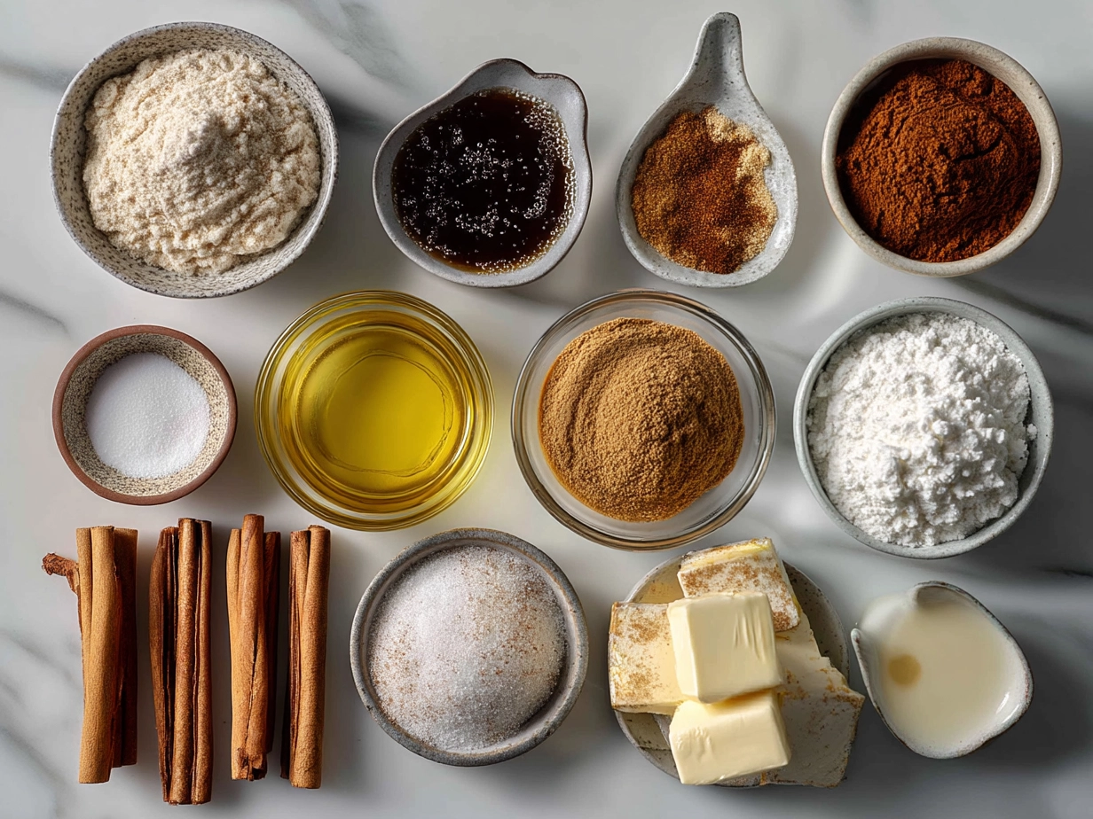 Top-down view of raw ingredients laid out for Cinnamon Roll French Toast including cinnamon rolls, eggs, milk, and spices