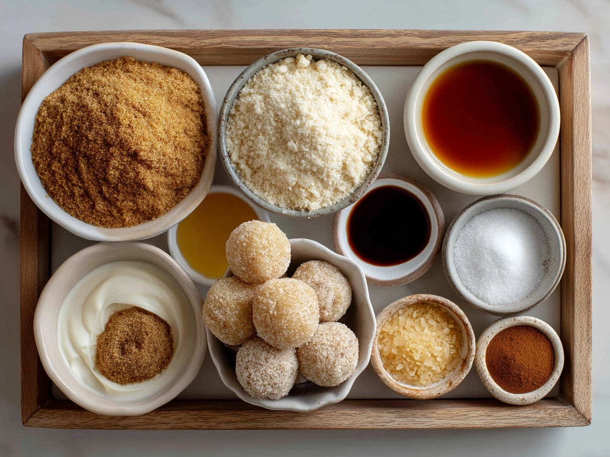 Top down view of raw ingredients for Cinnamon Sugar Sourdough Churro Bites arranged on a kitchen counter