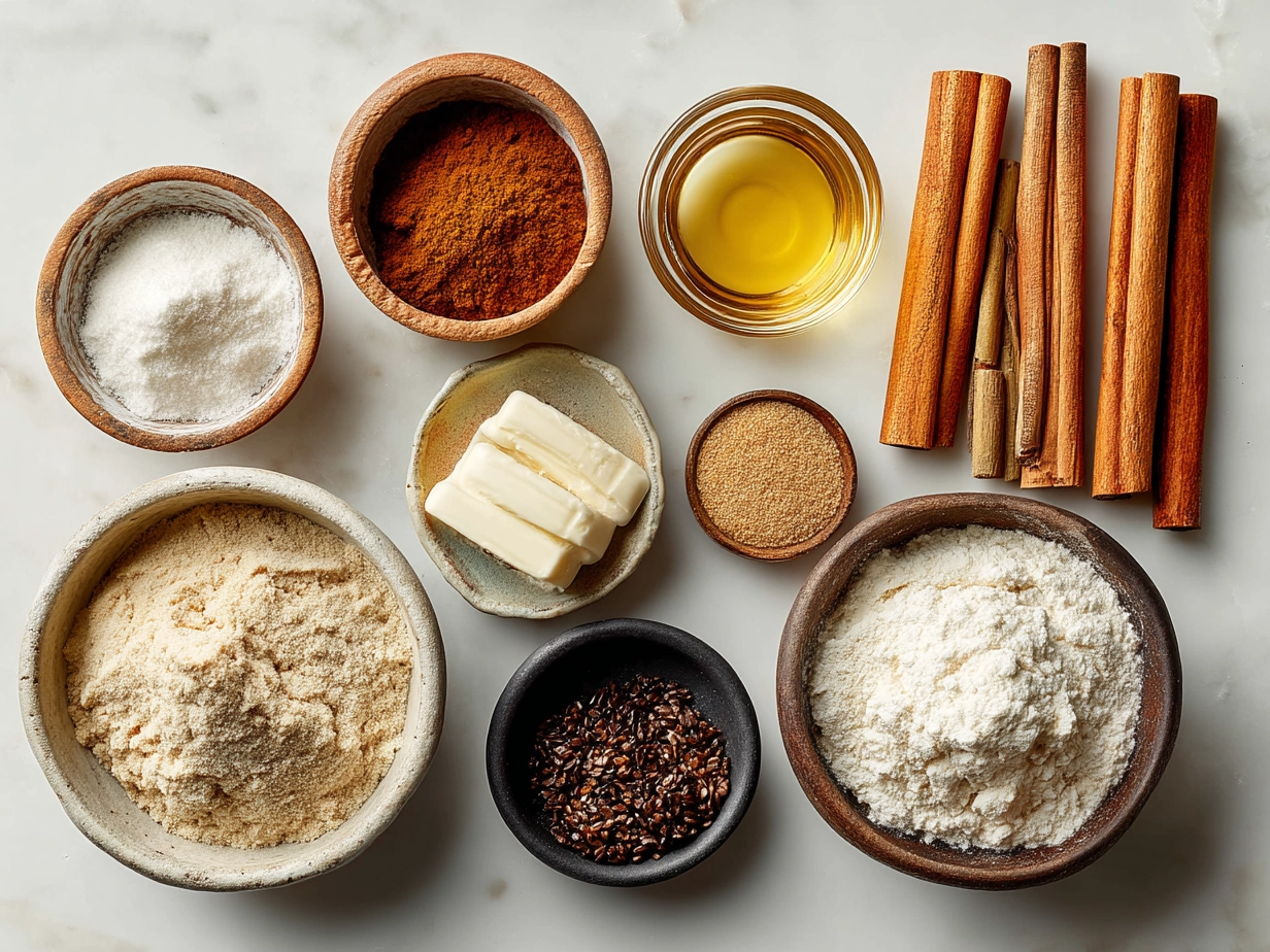 Top down view of raw ingredients for Cinnamon-Swirled Cookies on white marble surface