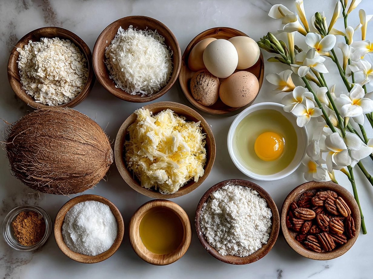Top down view of raw ingredients for Coconut and Pineapple Cottage Cheese Muffins on marble surface
