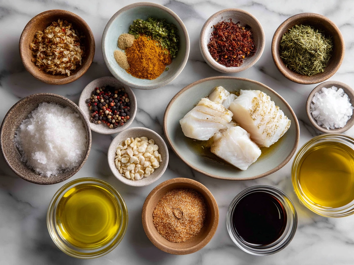 Top down view of raw ingredients for Coconut Curry Baked Cod arranged neatly on a marble countertop with fresh fish, coconut milk, spices, and herbs.