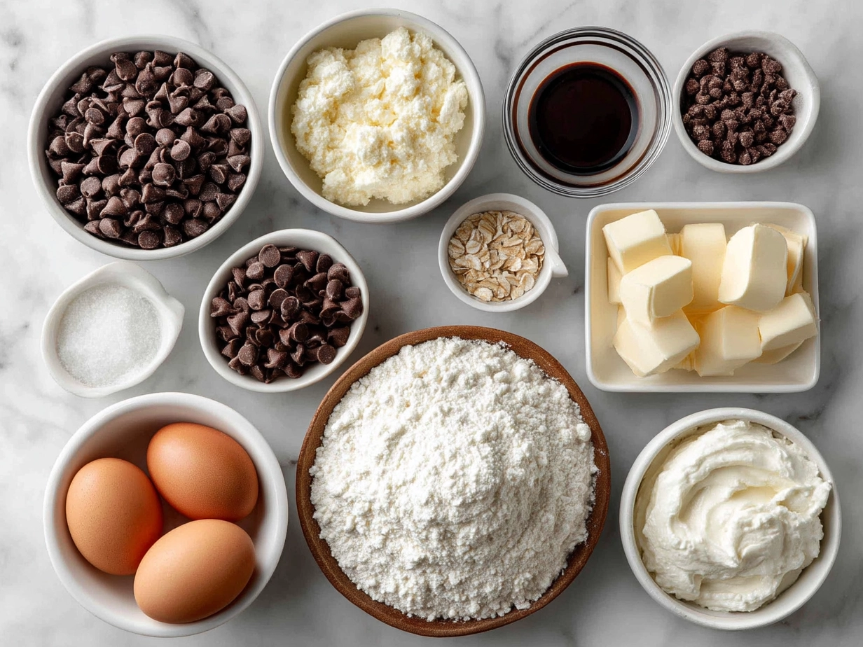 Top-down view of raw ingredients for Cookie Dough Greek Yogurt with Chocolate Chips on a marble surface