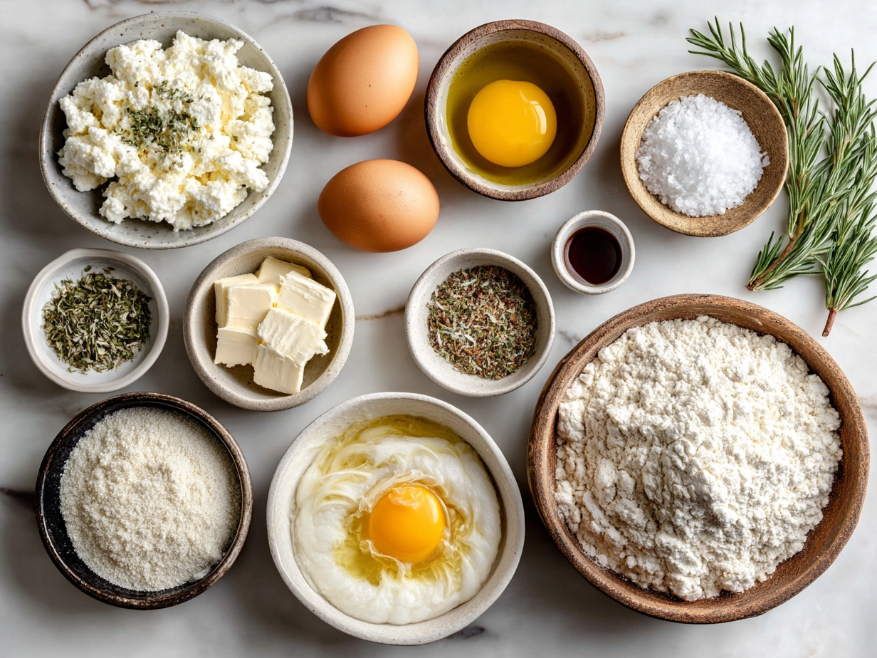 Top down raw ingredients for Cottage Cheese and Herb Biscuits on marble countertop