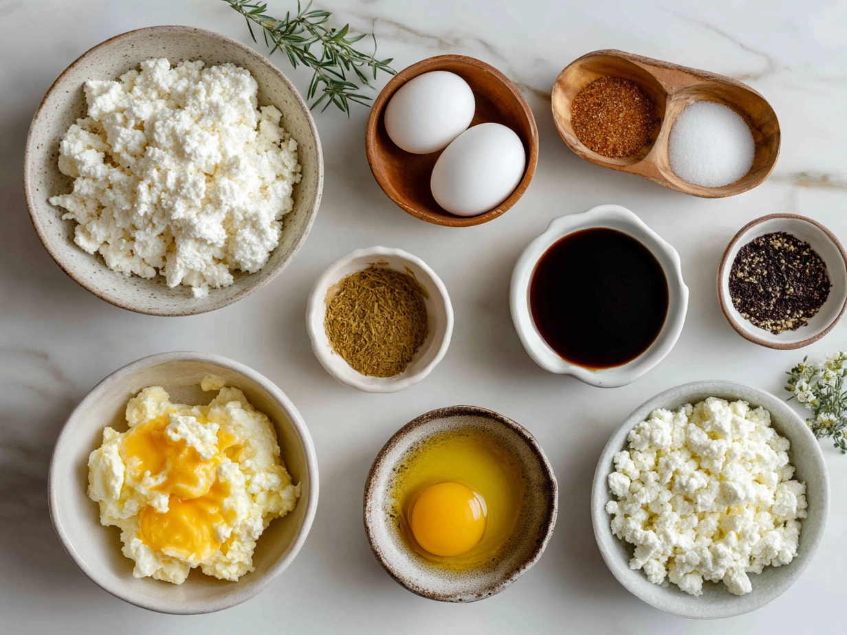 Top-down view of raw ingredients including eggs, cottage cheese, shredded cheddar, spinach for making cottage cheese egg bites