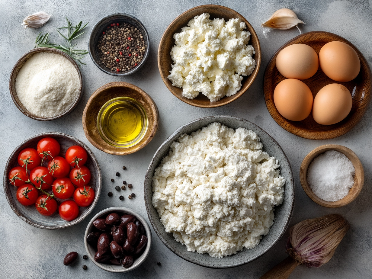 Ingredients for cottage cheese flatbread pizza arranged on a marble surface