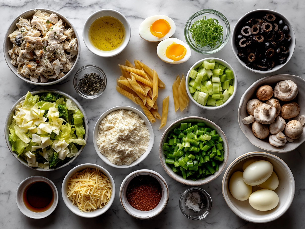 Top down raw ingredients for Cowboy Pasta Salad on marble table