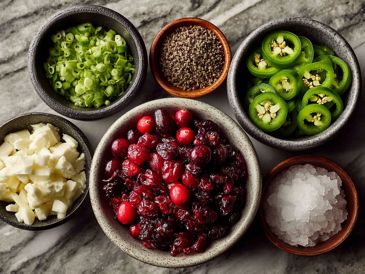 Top down view of raw ingredients for Cranberry Jalapeno Dip on marble surface