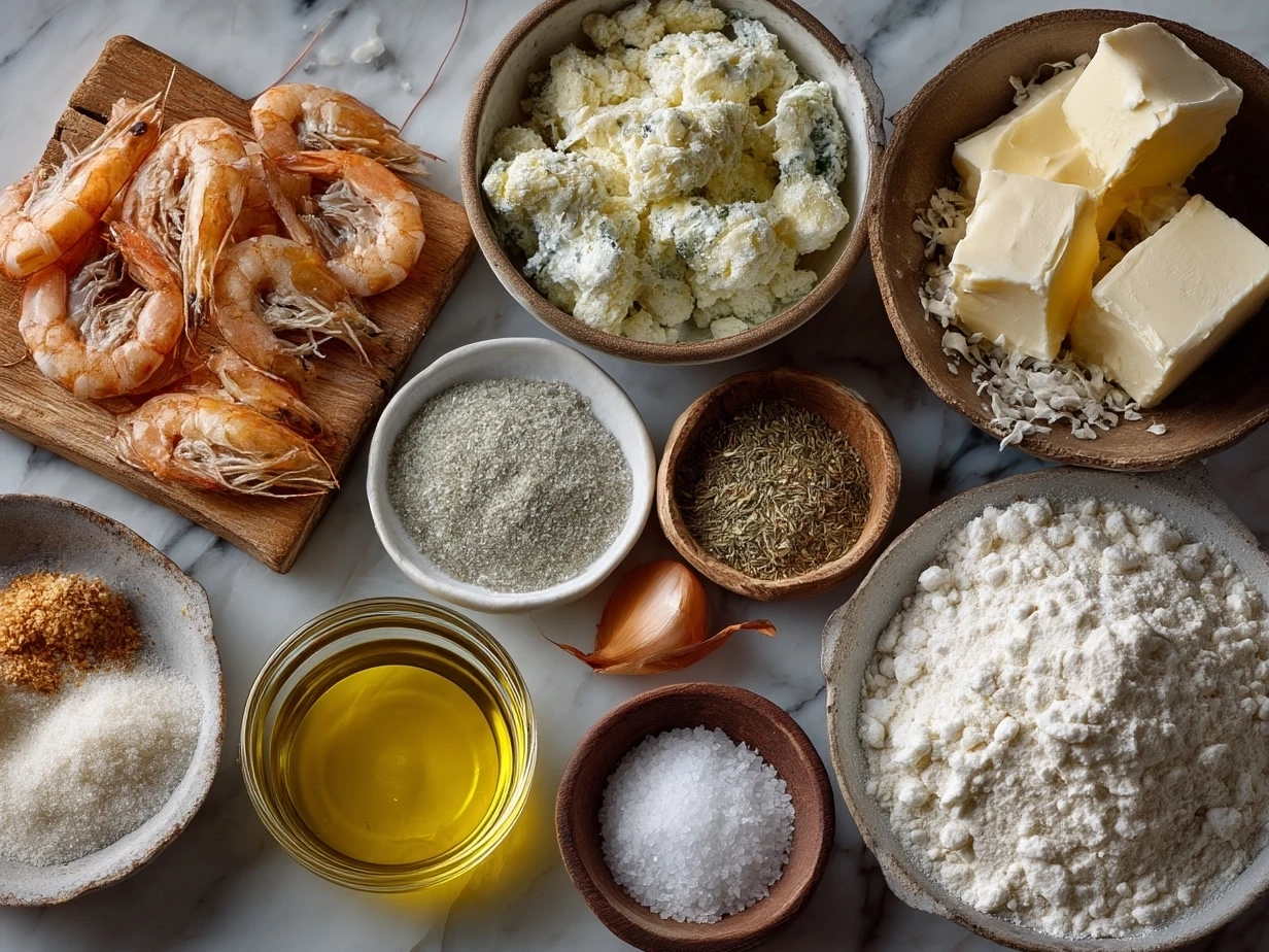 Raw ingredients for creamy seafood gratin laid out on a table including seafood, cheese, butter, and milk