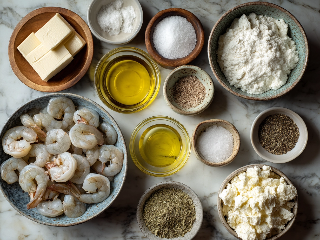 Raw ingredients for creamy shrimp casserole arranged in bowls and plates
