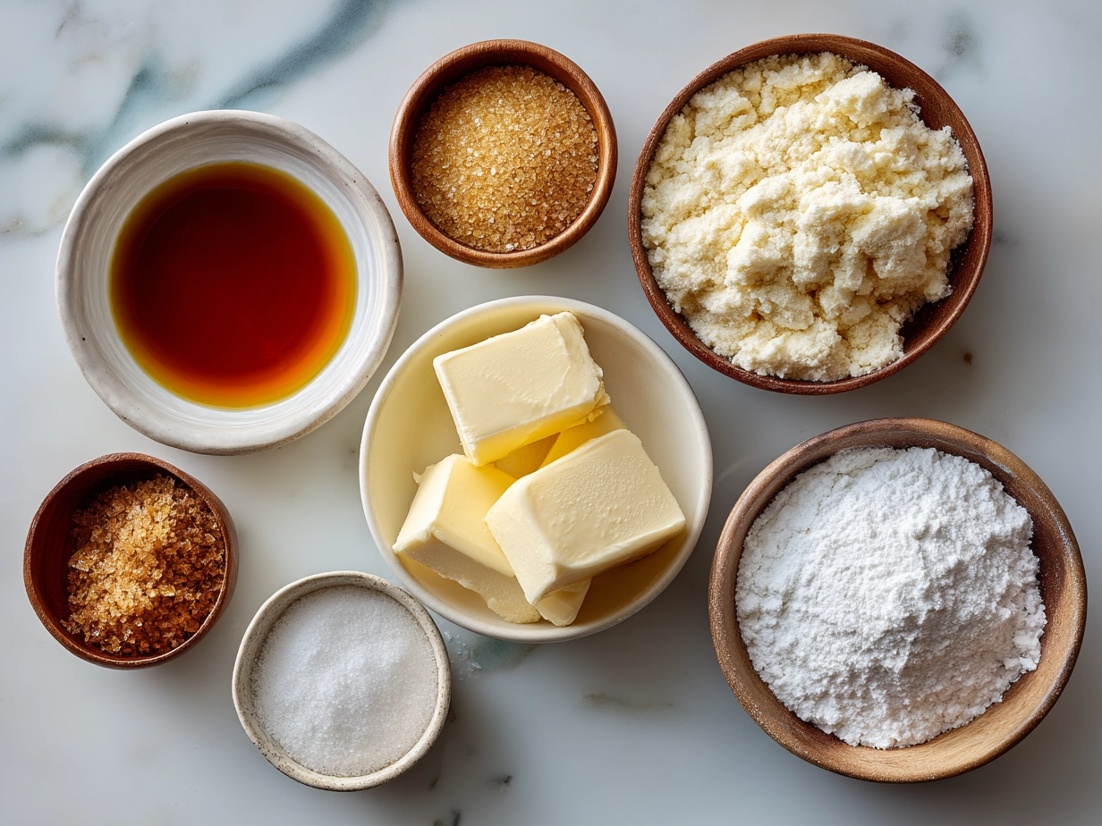 Top-down view of raw ingredients for Creme Brulee Cookies including flour, sugar, eggs, and butter