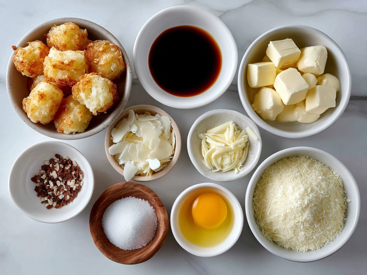 Top-down view of raw ingredients for crispy tater tots on a marble surface, showing a modern kitchen's organized mise en place