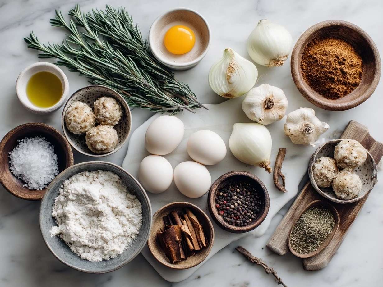 Top down view of raw ingredients for Crock Pot French Onion Meatballs including frozen meatballs, onion soup mix, beef broth, sliced onions, cheese, and Worcestershire sauce