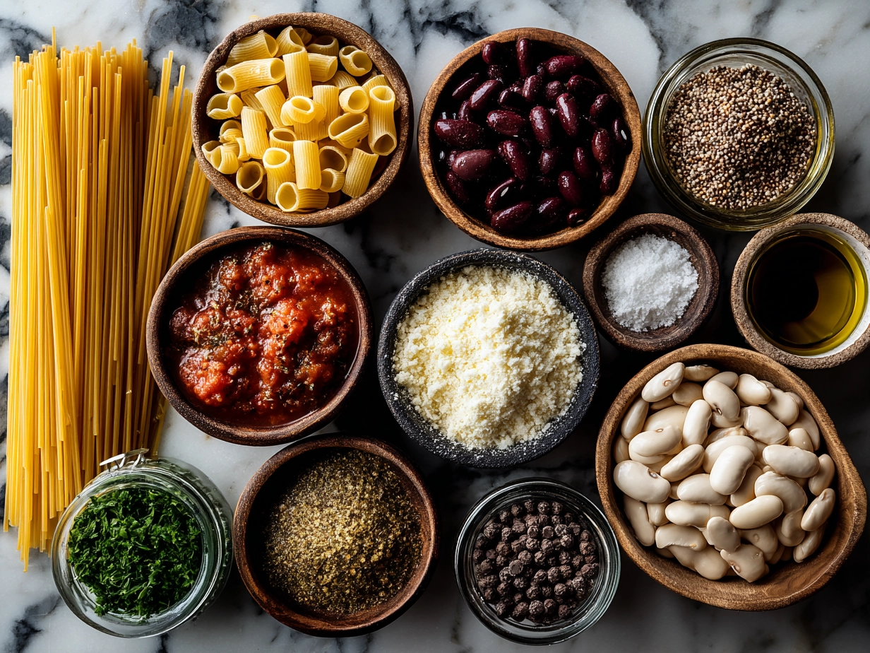 Raw ingredients for Crock Pot Pasta Fagioli including beans, tomatoes, broth, and vegetables