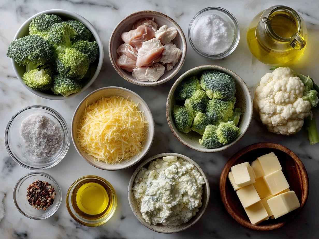 Top down view of raw ingredients for Crockpot Creamy Broccoli Cheddar Chicken including chicken breasts, broccoli, shredded cheddar cheese, cream of chicken soup, mayonnaise, and spices.