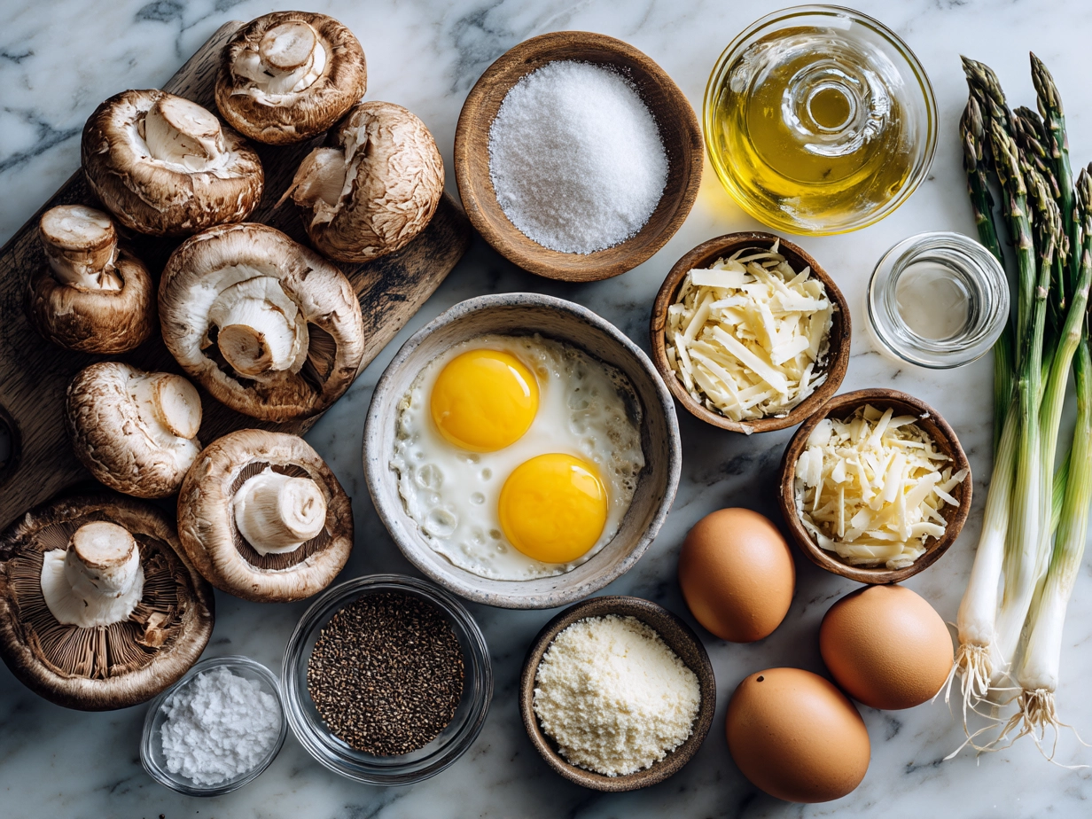Raw ingredients for crustless mushroom quiche: mushrooms, eggs, cheese, onions, and garlic