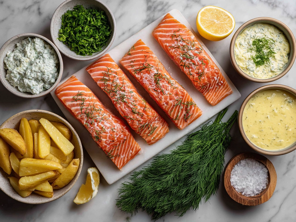 Top down view of raw ingredients for Dill Salmon with Potato Wedges and Creamy Pickle Dill Sauce including fresh dill, salmon fillets, potatoes, mustard, and mayo