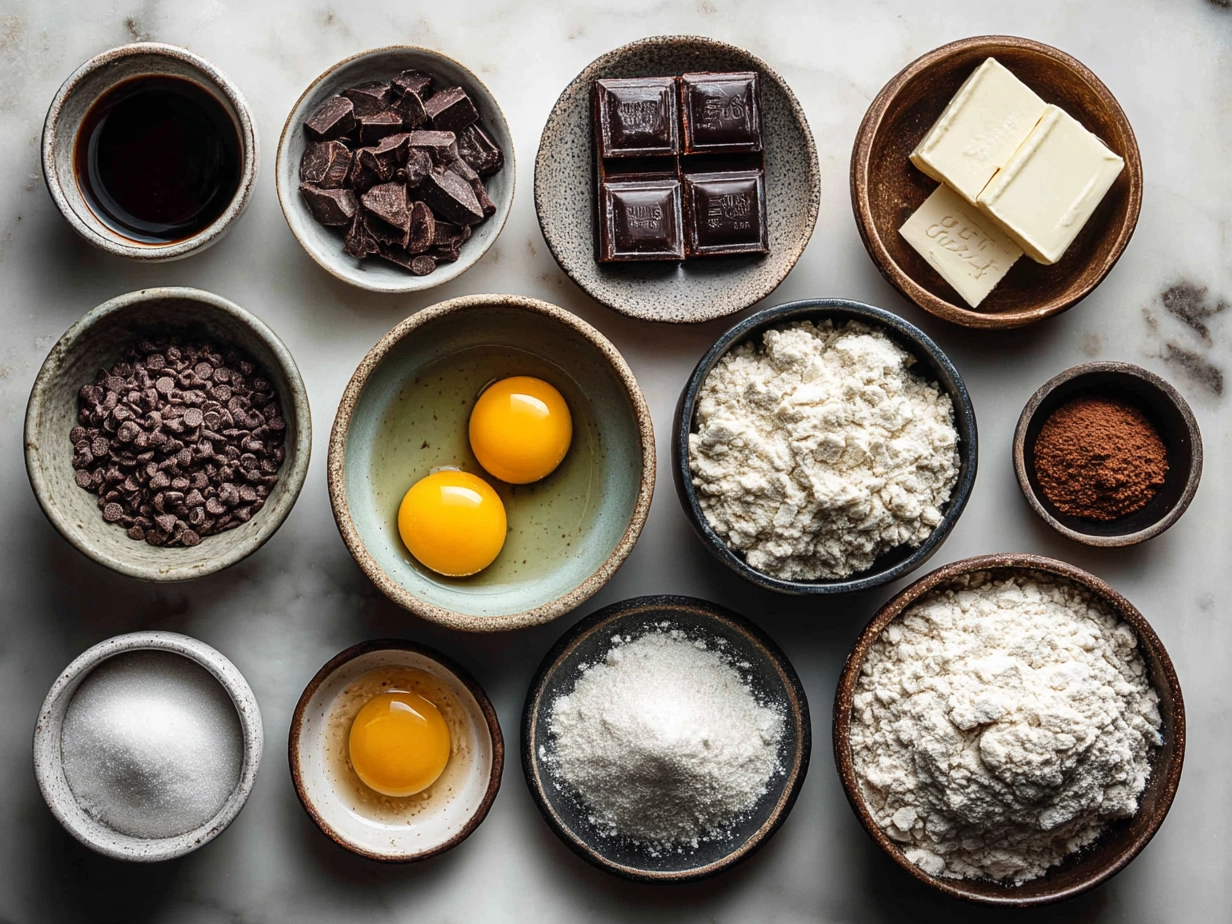 Top down raw ingredients for double chocolate chip cookies