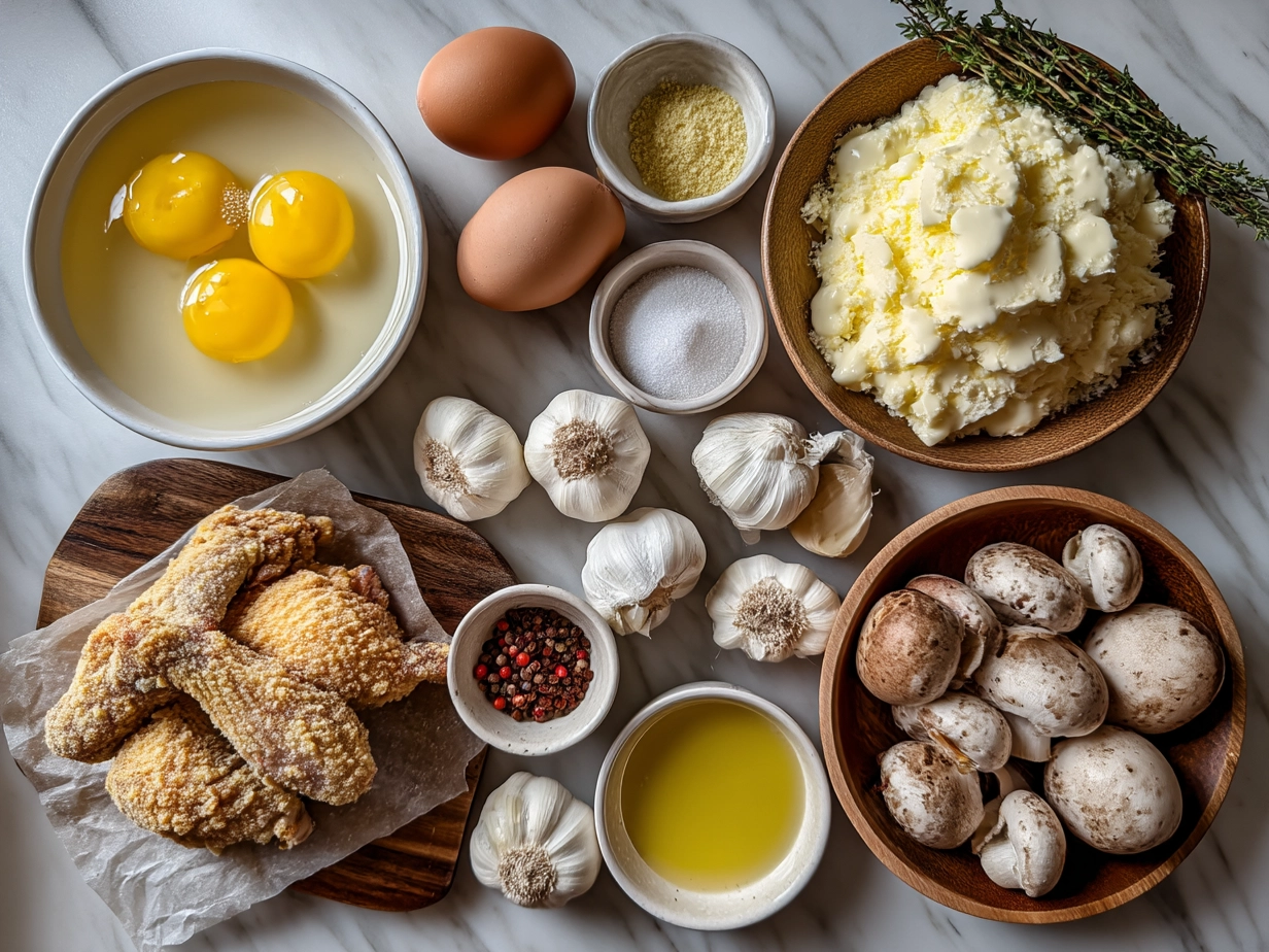 Raw ingredients for garlic butter fried chicken arranged on a marble surface