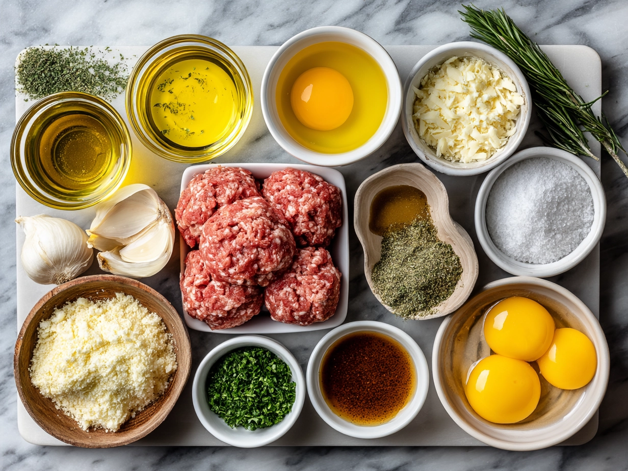 Top-down view of raw ingredients for Garlic Parmesan Chicken Meatloaf on marble surface