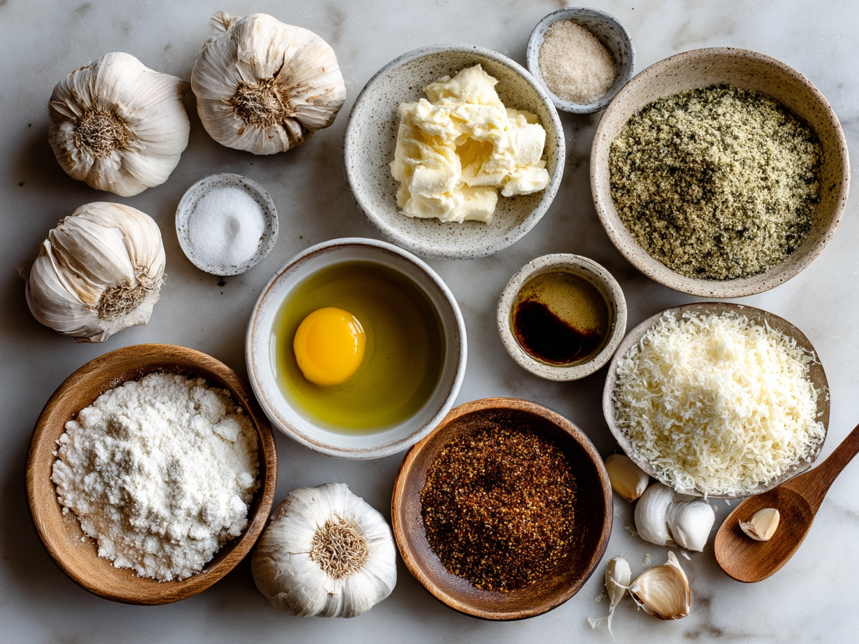 Top-down view of raw ingredients for Garlic Parmesan Potato Wedges including potatoes, garlic powder, olive oil, and parmesan cheese
