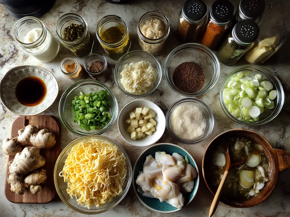 Top-down view of raw ingredients for ginger scallion chicken noodle soup including ginger, scallions, chicken thighs, and egg noodles
