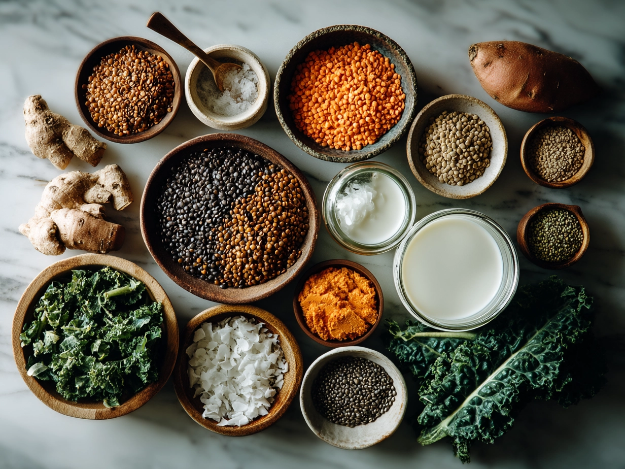 Raw ingredients for Ginger Sweet Potato and Coconut Milk Stew with Lentils and Kale arranged on a table including sweet potatoes, kale, onion, coconut milk, and spices