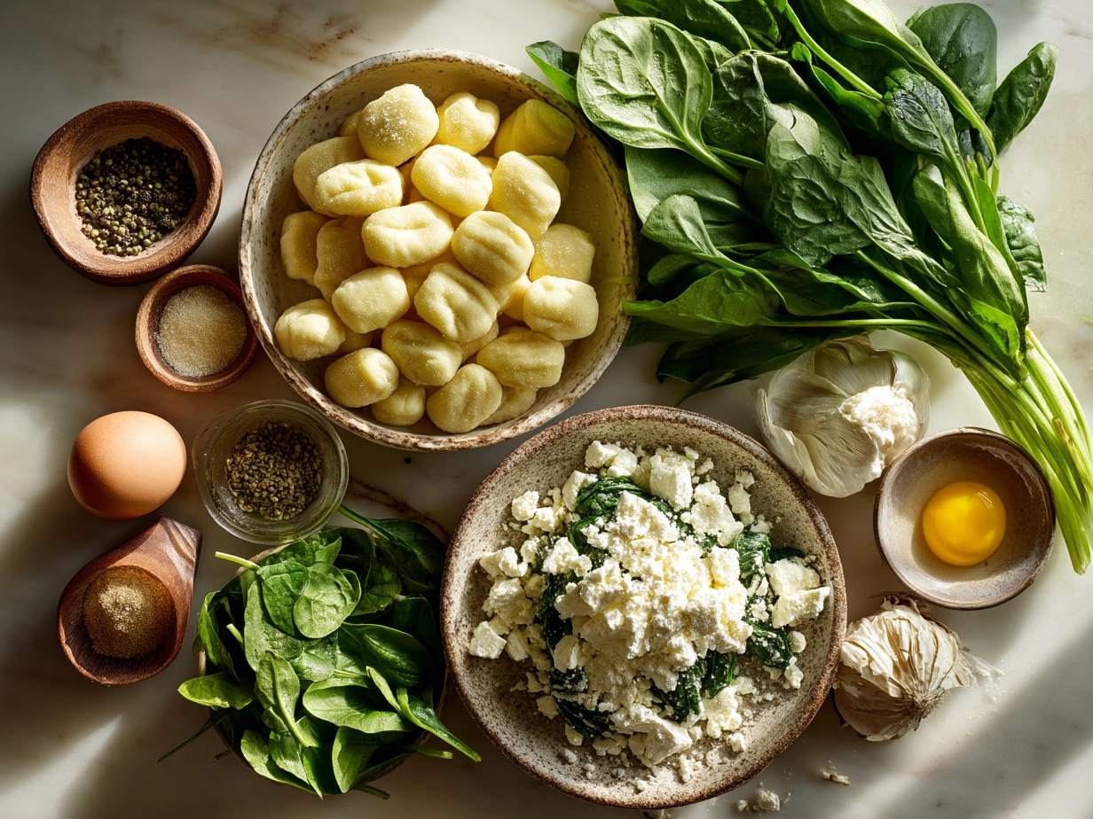 Top down view of raw ingredients for gnocchi with spinach and feta on marble surface