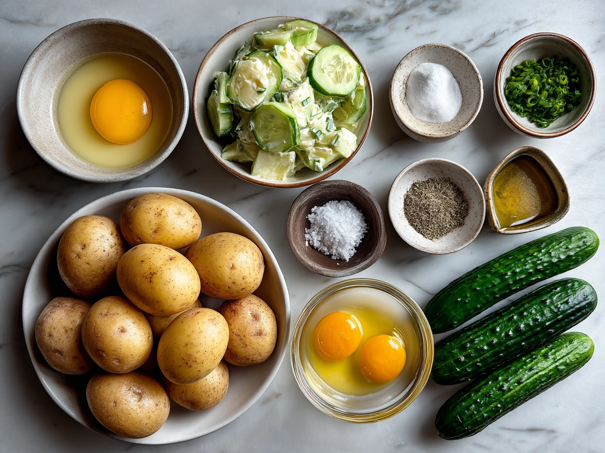 Raw ingredients for Greek Yogurt Potato Salad with Cucumbers on a marble surface