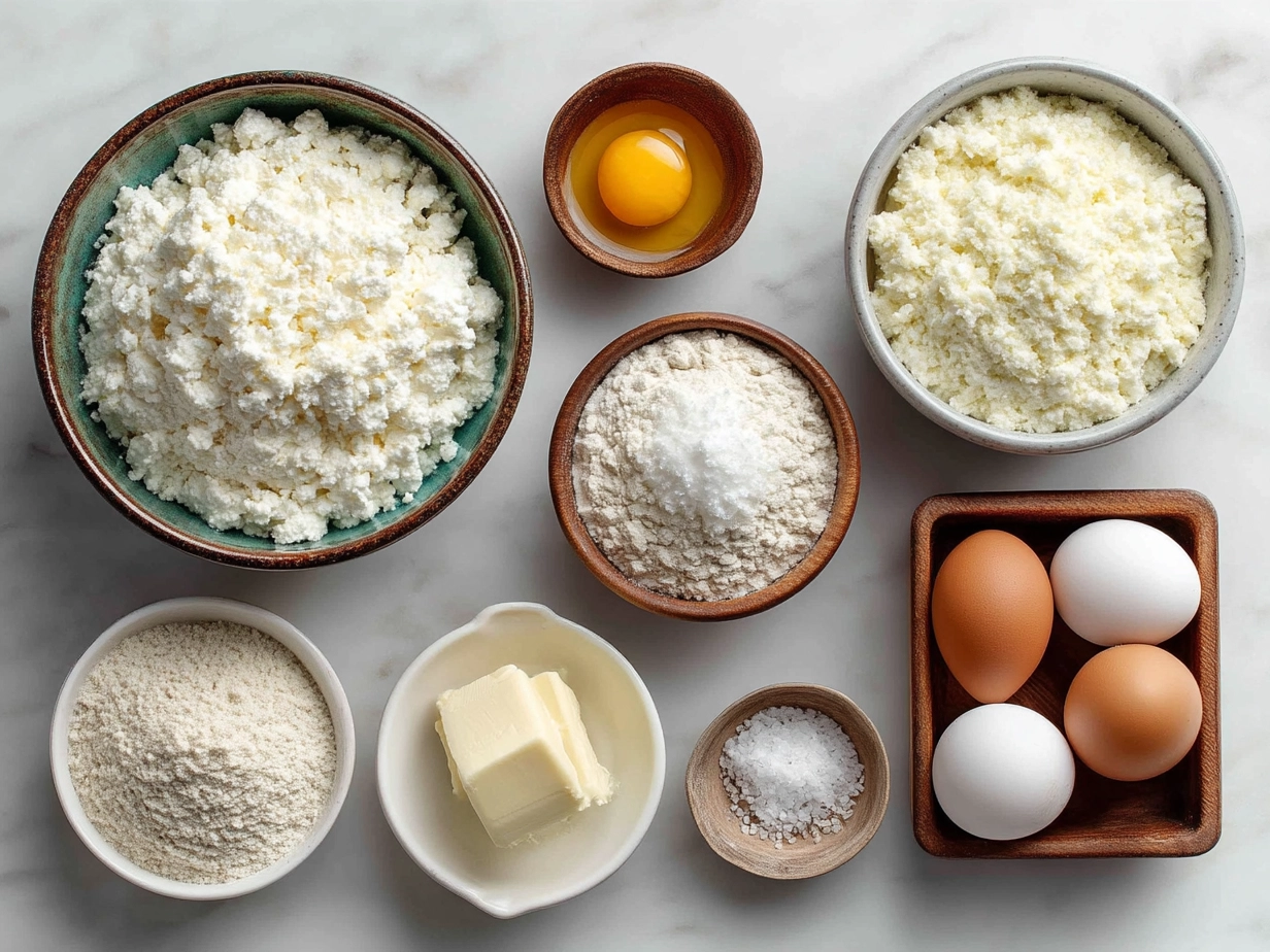 Top down raw ingredients for keto cottage cheese bagels on marble