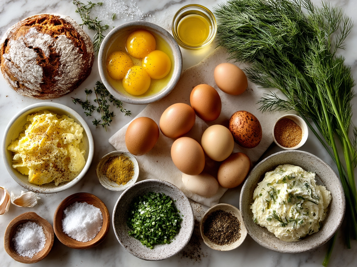 Top down view of raw ingredients for Latke Eggs Benedict on marble counter