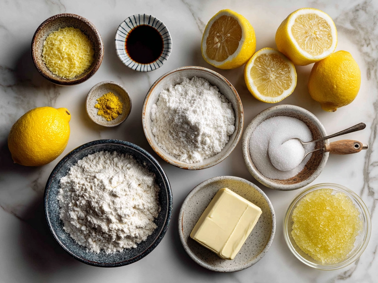 Top-down view of raw ingredients for lemon bread on a marble surface