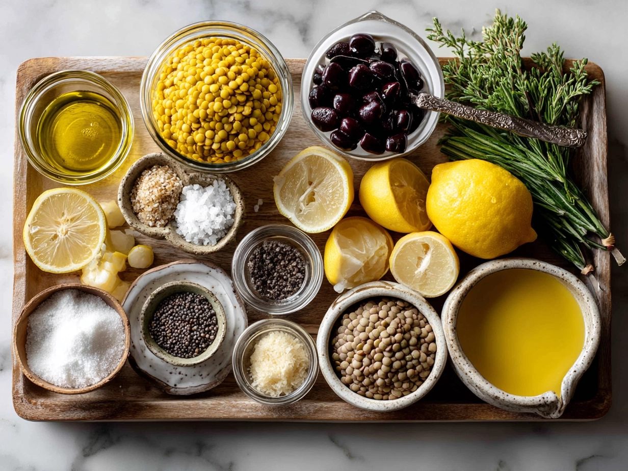 Top-down view of raw ingredients for lemon lentil soup including lentils, onions, garlic, carrots, celery, lemon, and spices