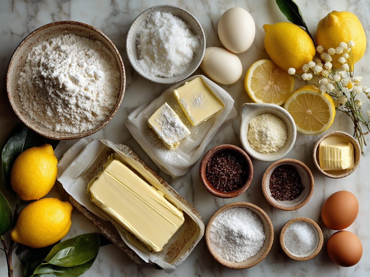 Top down raw ingredients for lemon loaf on marble