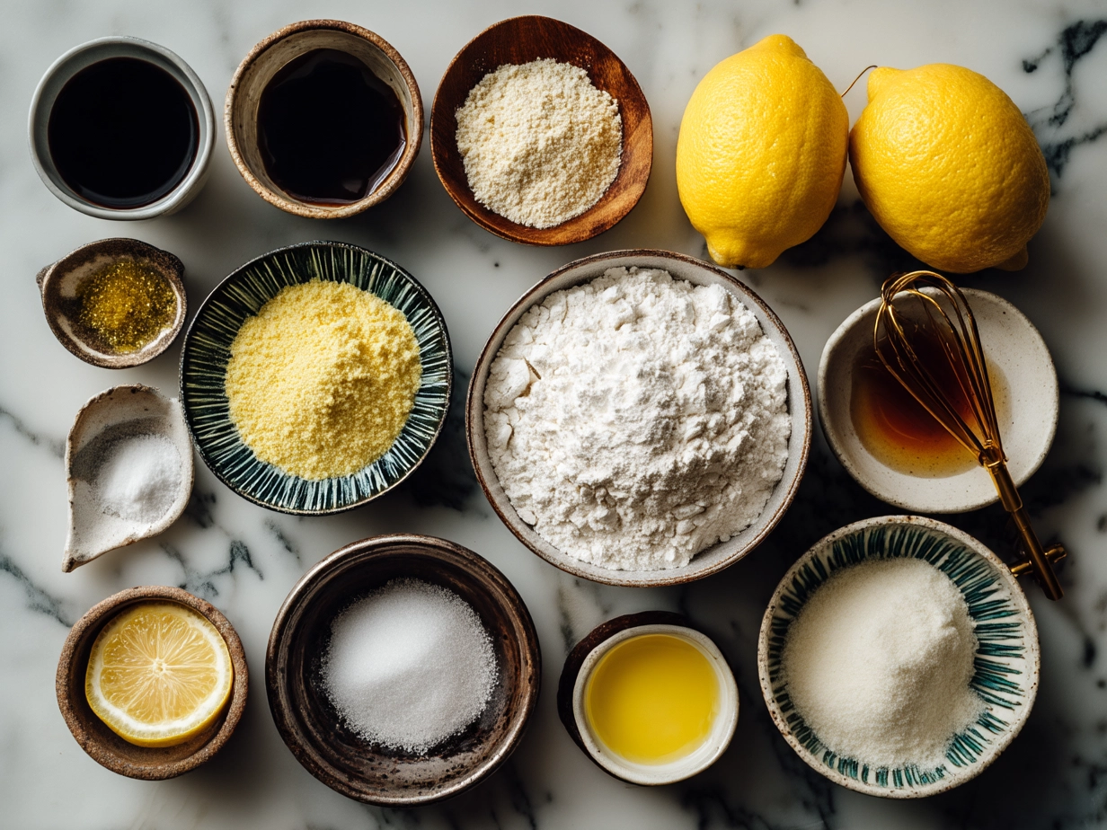 Raw ingredients for Limoncello Cookies arranged on marble surface including flour, butter, lemons, eggs, and limoncello